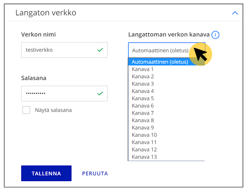 Esimerkki miten langattoman verkon kanava vaihdetaan OmaElisassa